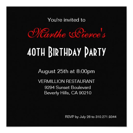 Bombshell Zebra 40th Birthday Party Red Invites