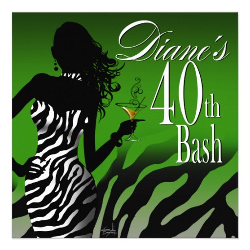 Bombshell Zebra Diane's 40th Birthday Green Invitation