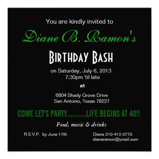 Bombshell Zebra Diane's 40th Birthday Green Invitation
