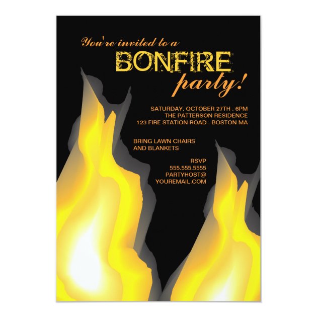 Bonfire Party Campfire Flames on Black Invitation