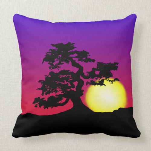 Bonsai Silhouette Sunset Throw Pillow