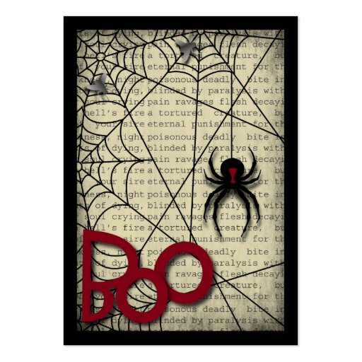 Boo Black Widow Spider & Creepy Text for Halloween Business Card Templates (front side)