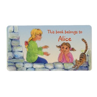 Book Labels with two girls and cat label
