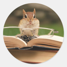 Book loving chipmunk round sticker