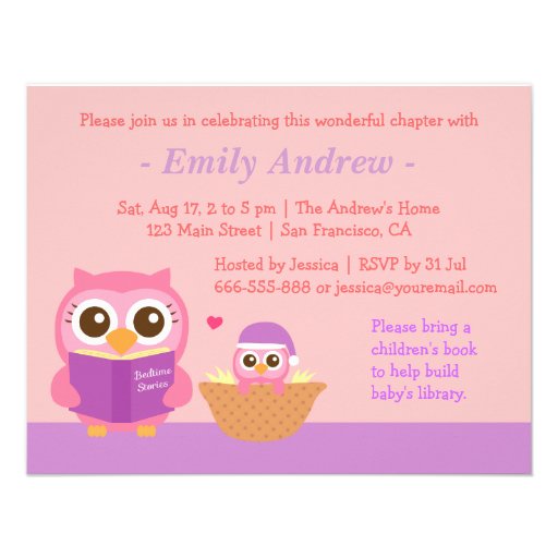 Book Themed, Owl Baby Girl Shower Invitations (front side)