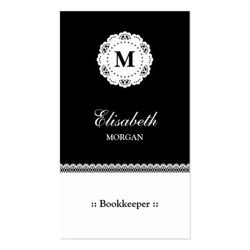 Bookkeeper Black White Lace Monogram Business Card Templates (front side)