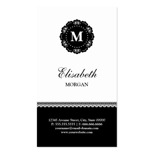 Bookkeeper Black White Lace Monogram Business Card Templates (back side)