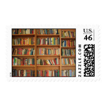 Bookshelf background postage stamp