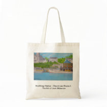 Boothbay Harbor - Church and boats Canvas Bags