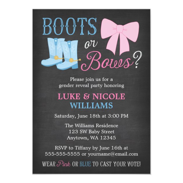 Boots or Bows Gender Reveal Party Baby Shower Card (front side)