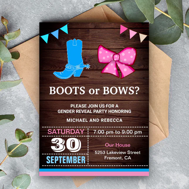 Boots Or Bows Gender Reveal Party Invitation Zazzle