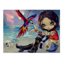 pirate, girl, pirates, pirate girl, female pirate, tattoo, tattoos, pirate tattoo, tattoo art, jasmine becket-griffith, artsprojekt, tattooed, sea, ocean, parrot, macaw, crab, beach, waves, tropical, caribbean, skull, skeleton, jolly roger, pirate flag, fantasy, eye, eyes, big eye, big eyed, jasmine, becket-griffith, becket, griffith, strangeling, artist, goth, low brow, big eyes, gothic, Postcard with custom graphic design