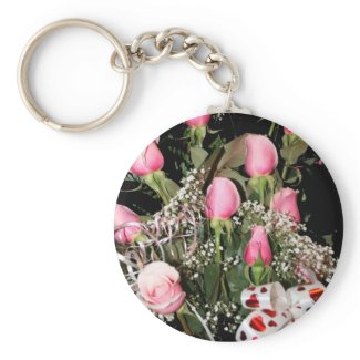 Boquet of pink roses red heart ribbon green stems keychain