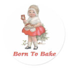 round_sticker - Cute child wearing a hair net and holding a plate with fresh baked holiday cookies. Text on apparel says ... born to bake. Wonderful holiday gift for the chef or baker in your family: Sizes 
