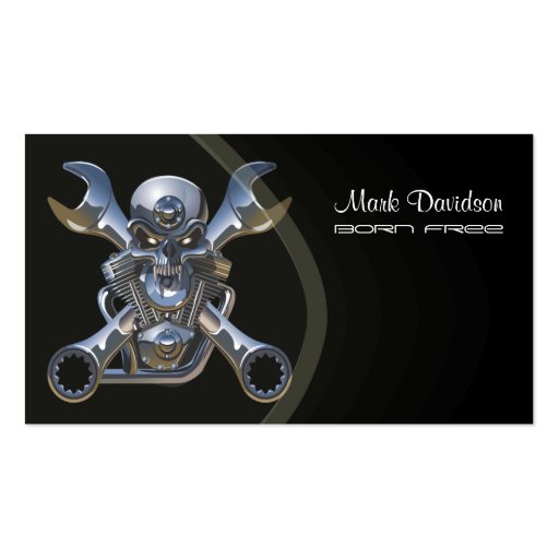 Born to be wild, Motorcycle wrench + skull Business Cards (front side)
