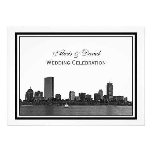 Boston Skyline Etched Framed H Wedding Custom Invitation