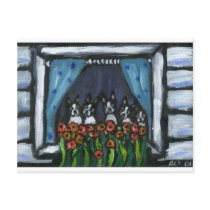 Boston Terrier family in the window postcards