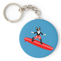 Boston Terrier Longboard Surfer Keychain