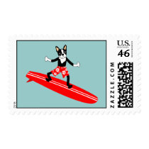 Boston Terrier Longboard Surfer Postage Stamps