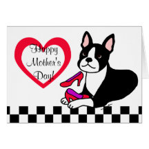 Boston Terrier Mom & High Heels Cartoon Greeting Card