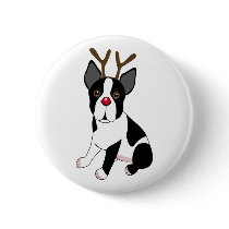 Boston Terrier Reindeer Button