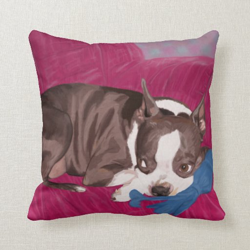 Boston Terrier Resting on Red Couch -Digital Paint Throw Pillow Zazzle