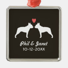 Boston Terrier Silhouettes with Heart and Text Christmas Tree Ornament