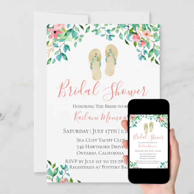 Botanical Floral Flip Flops Bridal Shower Invitation Zazzle