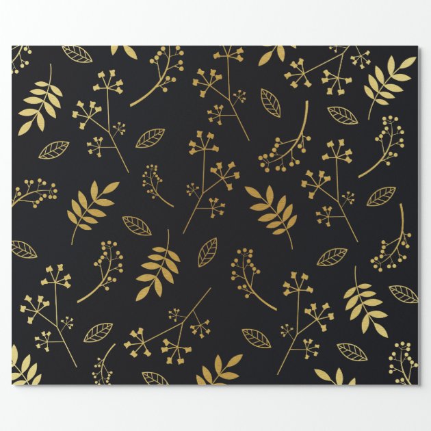 Botanical Floral Leaves Faux Gold Foil Black Wrapping Paper