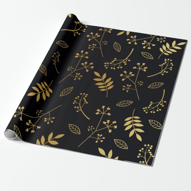 Botanical Floral Leaves Faux Gold Foil Black Wrapping Paper 1/4