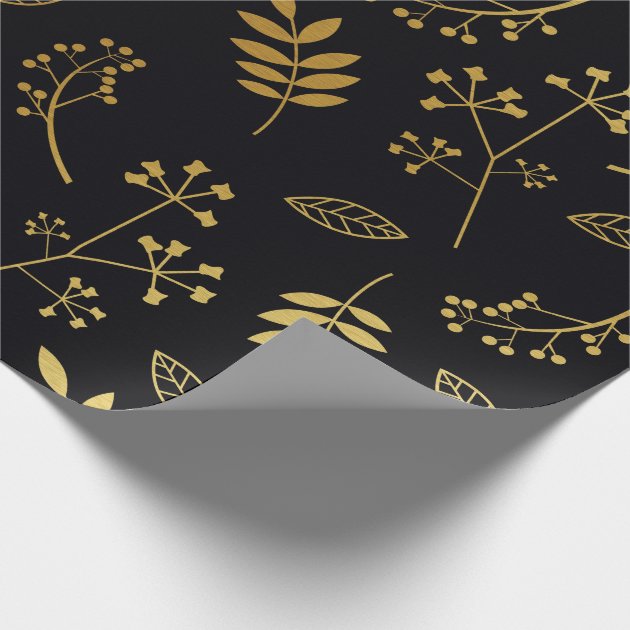 Botanical Floral Leaves Faux Gold Foil Black Wrapping Paper 4/4