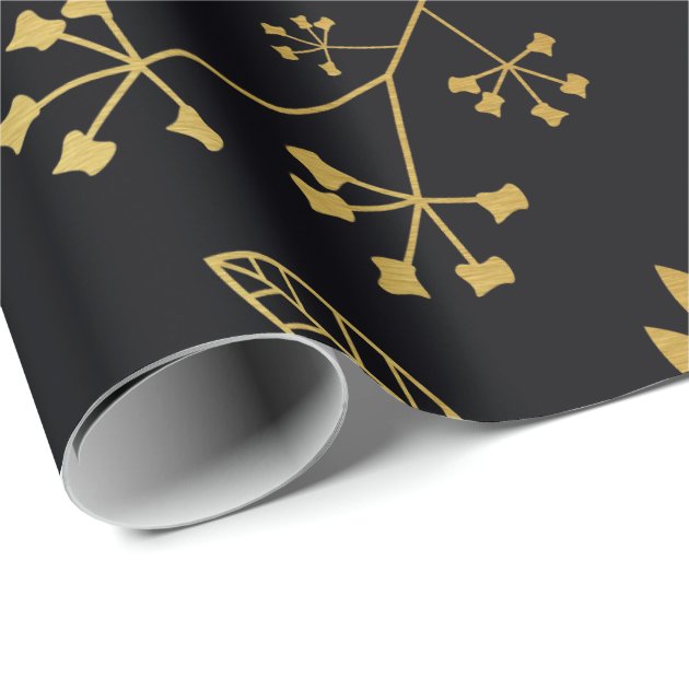 Botanical Floral Leaves Faux Gold Foil Black Wrapping Paper 3/4