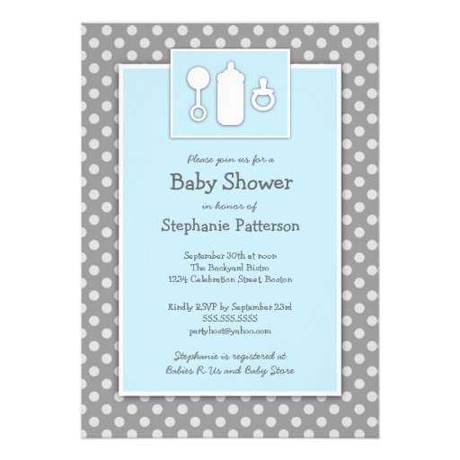 Bottle Binky Rattle Baby Shower Blue & Gray Announcement