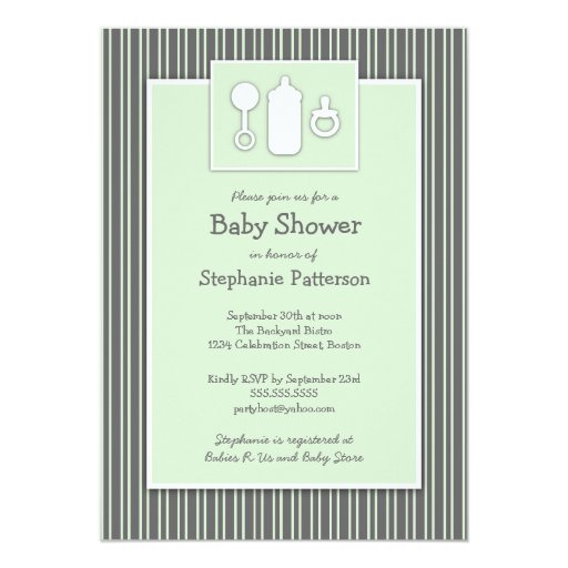 Bottle Binky Rattle Baby Shower Mint & Gray Invite