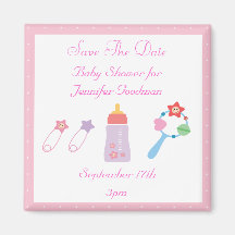 Bottle & Rattle Pink Save The Date Baby Shower Fridge Magnet