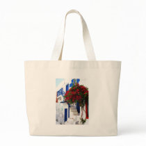 Bougainvillea growing outside a house, Mykonos bags