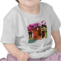 Bougainvillea growing outside a house, Mykonos, Gr t-shirts