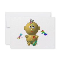 BOUNCING BABY GIRL WITH 4 DRAGONFLIES PERSONALIZED INVITE
