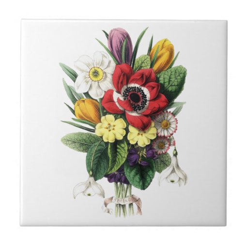 Bouquet of Vintage Spring Flowers On Ceramic Tile