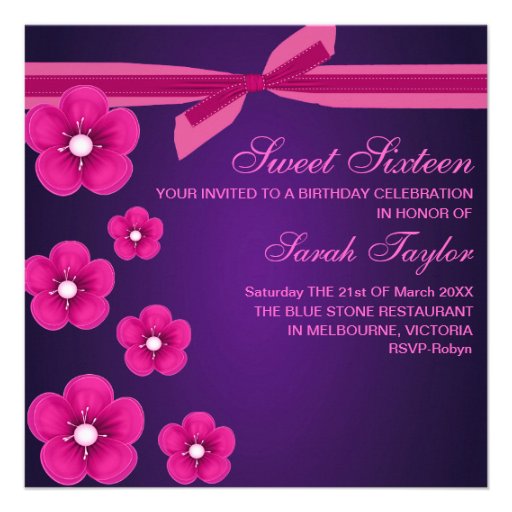 Bow/Flower Sweet Sixteen PurpleBirthday Invitation