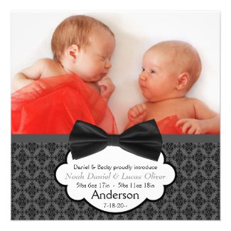 Bow Tie Twin Baby Boy Photo Birth Announcement