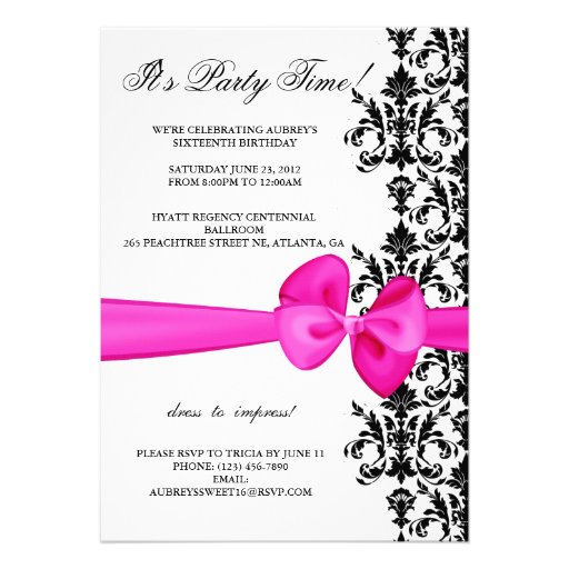 Bowed Damask Accented 5 x 7 Invite [Pink]