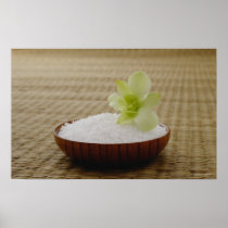 Bowl of rice with a flower on a tatami mat