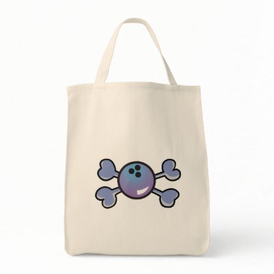 bowling ball Skull purple Crossbones Tote Bags by doonidesigns