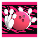 Bowling Birthday Neon Pink and Zebra Stripes Custom Invitations