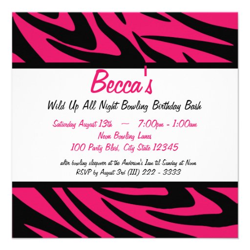 Bowling Birthday Neon Pink and Zebra Stripes Custom Invitations