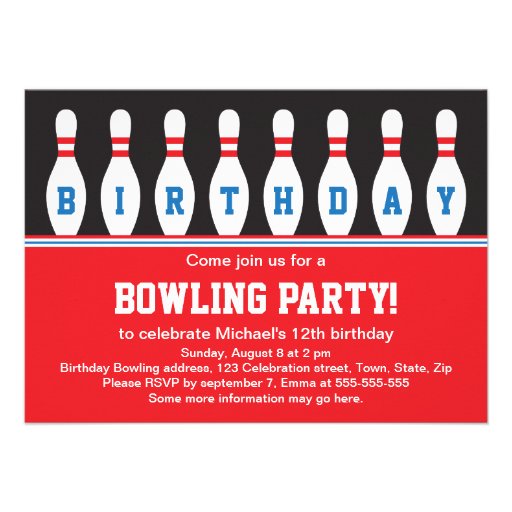 Bowling birthday party invitation with pins