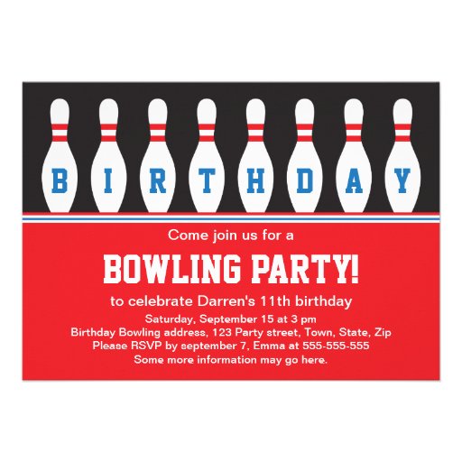 Bowling birthday party invitation with pins