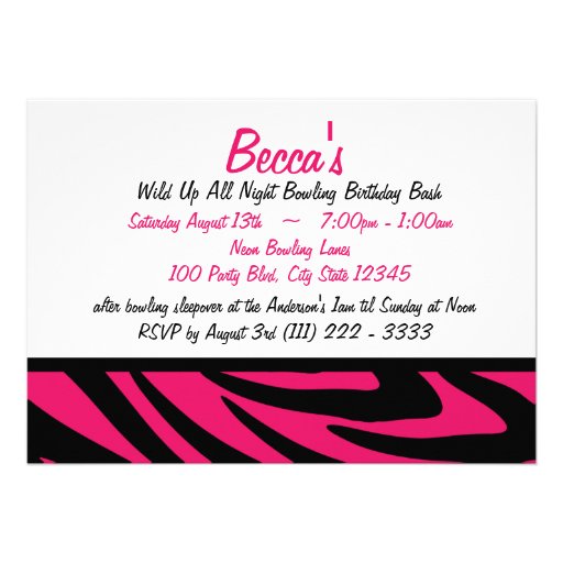 Bowling Neon and Zebra Personalized Invitations