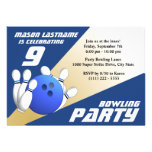 Bowling Party Birthday Blue and Gold Personalized Invitation